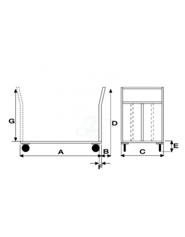 Pianale in lamiera 20/10 a 2 sponde - 1 fissa e 1 rimovibile - 4 ruote girevoli antiforatura Ø cm 26 - cm 80x120
