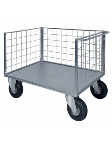 Carrello con pianale a 3 sponde in rete verniciata 4 ruote antiforatura (2 fisse-2 girevoli) Ø cm 26 - cm 77,5x115x60,5h