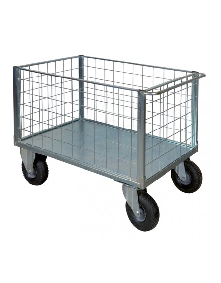 Carrello con pianale a 4 sponde in rete verniciata 4 ruote antiforatura girevoli Ø cm 26 - cm 75x115x60,5h