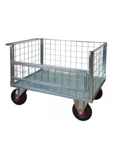 Pianale a 4 sponde - 1 ribaltabile in rete zincata - 4 ruote pneumatiche (2 fisse-2 girevoli) antiforatura - cm 75x115x60,5h