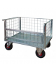 Pianale a 4 sponde in rete, 1 ribaltabile - 4 ruote pneumatiche girevoli antiforatura, 2 con freno - dim. utili cm 75x115x60,5h