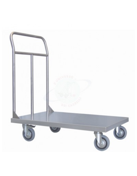 Carrello a pianale in lamiera 12/10 in acciaio inox AISI 304, 4 ruote girevoli, 2 con freno, in gomma piena Ø cm 12,5 - cm 60x90
