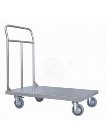 Carrello a pianale in lamiera 12/10 acciaio inox AISI 304, 4 ruote (2 fisse-2 girevoli con freno) Ø cm 12,5 - cm 60x90