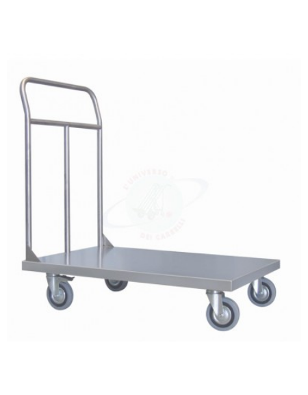 Carrello a pianale in lamiera 12/10 acciaio inox AISI 304, 4 ruote (2 fisse-2 girevoli con freno) Ø cm 12,5 - cm 60x90