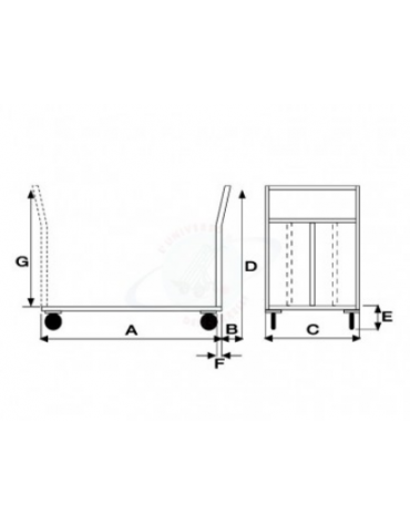 Carrello a pianale in lamiera 20/10 , 4 ruote girevoli, 2 con freno in gomma piena Ø cm 20 - cm 80x120