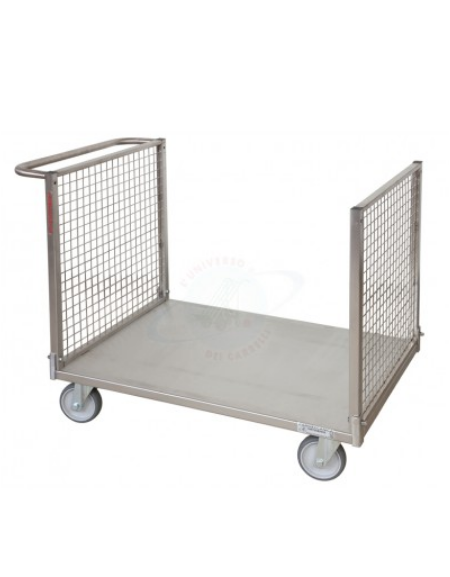 Carrello a pianale in acciaio inox AISI 304 con 2 sponde in rete - 4 ruote  (2 fisse - 2 girevoli) Ø cm 14 - cm 60x105x81h 