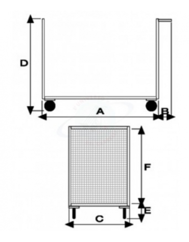 Carrello a pianale con 2 sponde in rete 4 ruote (2 fisse - 2 girevoli) Ø cm 14 - cm 60x105x81h