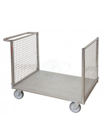 Carrello con pianale con 2 sponde in rete in acciaio inox AISI304 4 ruote girevoli in gomma grigia antitraccia Ø cm 14 - cm 60x1