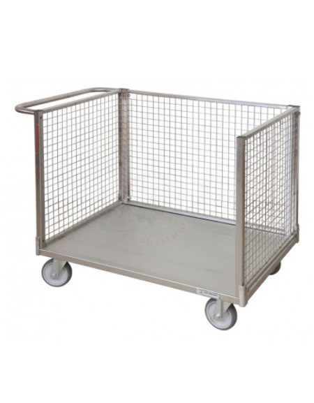 Carrello a pianale in acciaio inox AISI 304 con 3 sponde in rete 4 ruote  girevoli gomma grigia antitraccia Ø cm 14 - cm 60x90x8