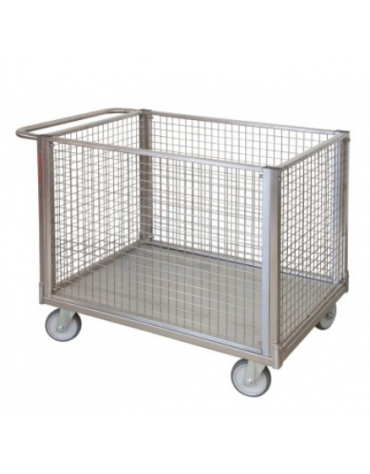 Carrello a pianale in Acciaio Inox AISI 304 a 4 sponde in rete, 4 ruote (2 fisse - 2 girevoli) in gomma antitraccia Ø cm 12,5