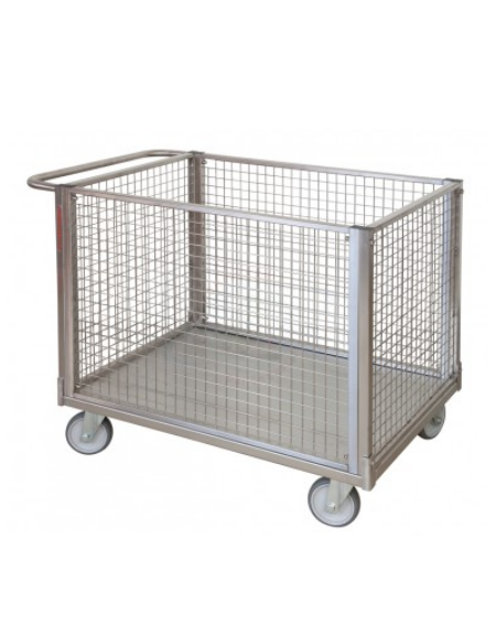 Carrello con pianale in acciaio inox a 4 sponde in rete, 4 ruote girevoli (2 con freno) in gomma grigia antitraccia Ø cm 14