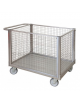 Carrello con pianale in acciaio inox a 4 sponde in rete, 4 ruote girevoli (2 con freno) in gomma grigia antitraccia Ø cm 14