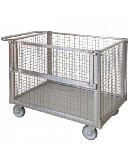 Carrello con pianale in acciaio inox - 4 sponde in rete, 1 ribaltabile - 4 ruote antitraccia (2 fisse - 2 girevoli con freno)