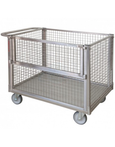 Carrello con pianale in acciaio inox a 4 sponde in rete, 1 ribaltabile - 4 ruote girevoli 2 con freno Ø cm 14
