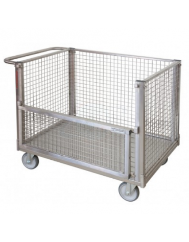 Carrello con pianale in acciaio inox a 4 sponde in rete, 1 ribaltabile - 4 ruote girevoli 2 con freno Ø cm 14