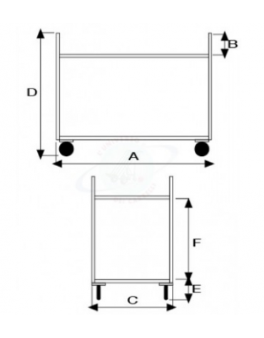 Carrello di servizio a 2 ripiani in acciaio AISI 304 Portata kg 100, 4 ruote in gomma girevoli Ø cm  12,5 - cm 111x57x96h