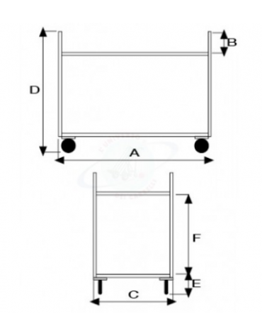 Carrello di servizio a 2 ripiani stampati in acciaio, 4 ruote in gomma girevoli, 2 con freno Ø cm 12,5 - cm 83x57x97h
