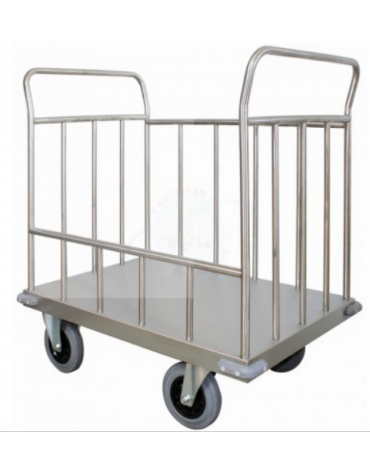 Carrello trasporto universale 4 sponde in tubolare in acciaio INOX, ruote (2 fisse - 2 girevoli) Ø cm 20 - cm 105x75x110h