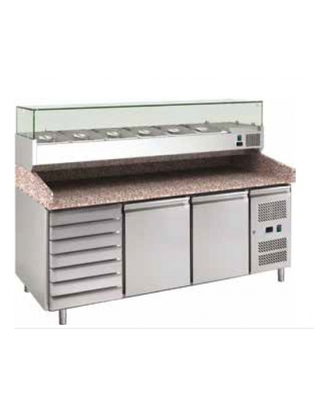 Banco refrigerato pizzeria 2 porte + cassettiera per panetti con sovrastruttura refrigerata GN1/3 - cm 202,5x80x139h