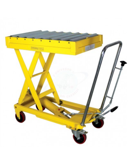 Piattaforma carrellata con rulliera, da 10 rulli Ø cm  4,8, ruote in poliuretano Ø cm 12,5 di cui 2 girevoli con freno