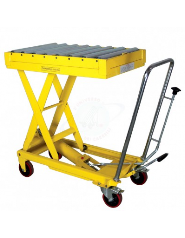 Piattaforma carrellata grande alzata con rulliera - piano cm 122x61 - ruote in poliuretano, 2 girevoli con freno
