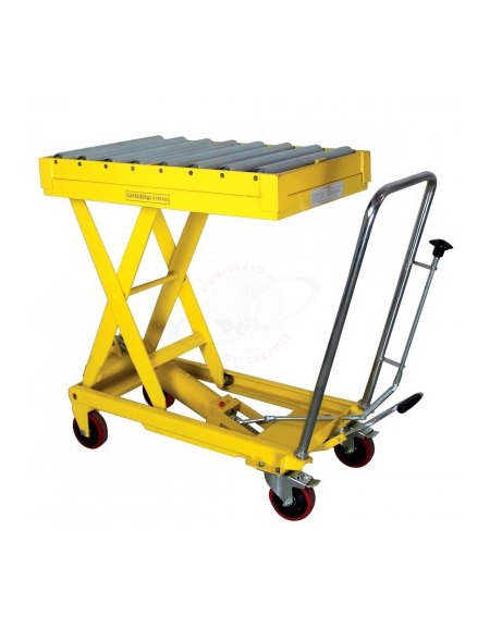 Piattaforma carrellata grande alzata con rulliera - piano cm 122x61 - ruote in poliuretano, 2 girevoli con freno
