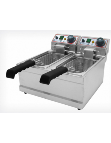 Friggitrice elettrica da banco in acciaio inox - 2 vasche capacità olio Lt 4+4 - mm 390x430x275h