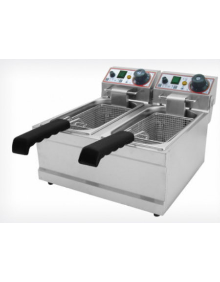 Friggitrice elettrica da banco in acciaio inox - 2 vasche capacità olio Lt 4+4 - mm 390x430x275h