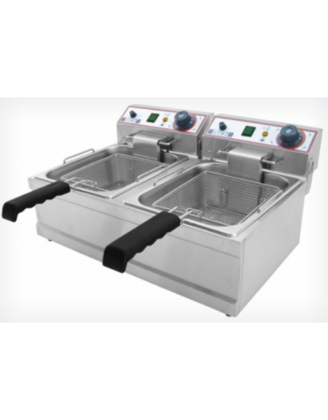 Friggitrice elettrica da banco in acciaio inox - 2 vasche capacità olio Lt 6+6 - mm 590x430x290h