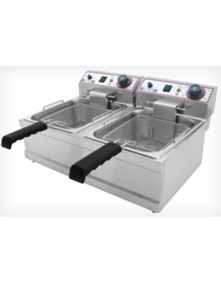 Friggitrice elettrica da banco in acciaio inox - 2 vasche capacità olio Lt 6+6 - mm 590x430x290h