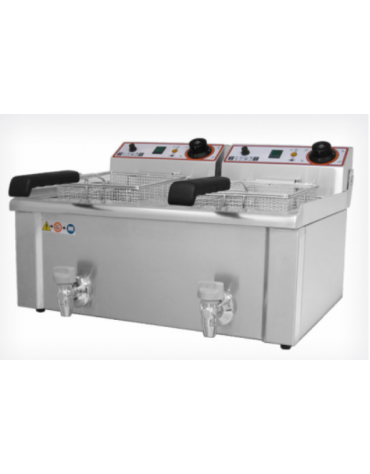 Friggitrice elettrica da banco in acciaio inox - 2 vasche con rubinetto di scarico - capacità olio Lt 7+7 - mm 560x465x345h