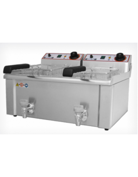 Friggitrice elettrica da banco in acciaio inox - 2 vasche con rubinetto di scarico - capacità olio Lt 7+7 - mm 560x465x345h