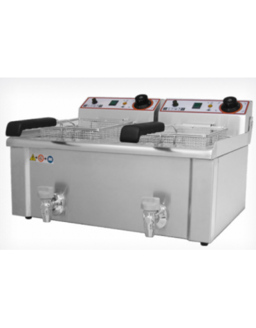Friggitrice elettrica da banco in acciaio inox - 2 vasche con rubinetto di scarico - capacità olio Lt  9+9 - mm 630x480x350h