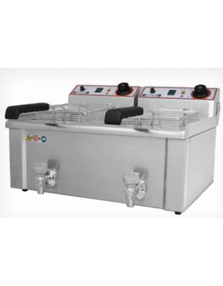 Friggitrice elettrica da banco in acciaio inox - 2 vasche con rubinetto di scarico - capacità olio Lt  9+9 - mm 630x480x350h