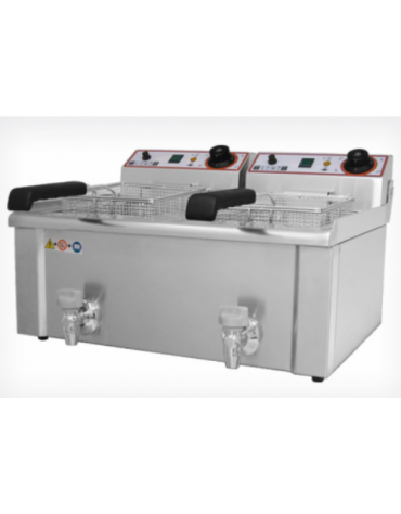 Friggitrice elettrica MONOFASE da banco in acciaio inox - 2 vasche con rubinetto scarico - capacità Lt 13+13 - mm 690x525x375h