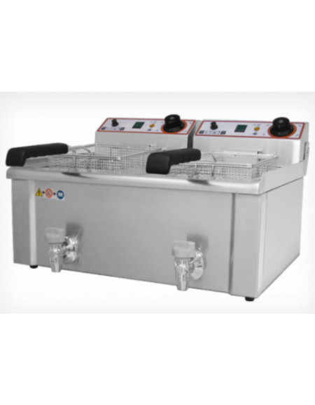 Friggitrice elettrica MONOFASE da banco in acciaio inox - 2 vasche con rubinetto scarico - capacità Lt 13+13 - mm 690x525x375h