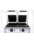 Piastra grill in ghisa doppia da banco, rigata sinistra - liscia destra, telaio acciaio inox - 2 zone di cottura - mm 565x310x22