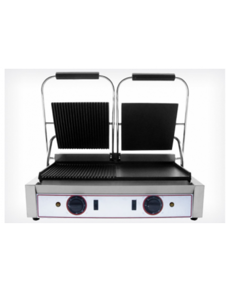 Piastra grill in ghisa doppia da banco, rigata sinistra - liscia destra, telaio acciaio inox - 2 zone di cottura - mm 565x310x22