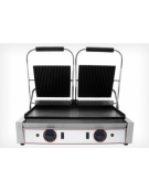 Piastra grill in ghisa doppia da banco rigata sopra, liscia sotto - telaio acciaio inox - 2 zone di cottura - mm 565x310x220h