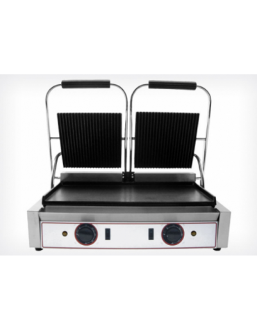 Piastra grill in ghisa doppia da banco rigata sopra, liscia sotto - telaio acciaio inox - 2 zone di cottura - mm 565x310x220h