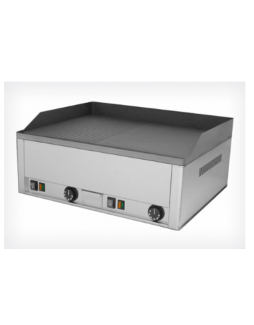 Griglia elettrica doppia  in acciaio inox, piano cottura mezzo liscio, mezzo rigato, piastra in acciaio sabbiato mm 650x480