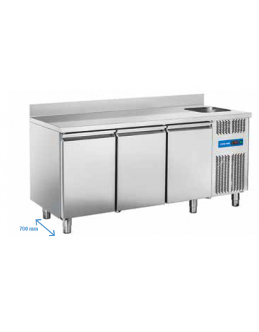 Tavolo refrigerato 3 porte con alzatina e lavello, in acciaio inox AISi 304, refrigerazione ventilata - cm 178x70x95h
