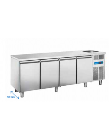 Tavolo refrigerato 4 porte con lavello, in acciaio inox AISi 304, refrigerazione ventilata - 224x70x85h