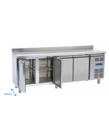 Tavolo refrigerato 4 porte con alzatina, in acciaio inox AISi 304, refrigerazione ventilata - cm 223x60x96h