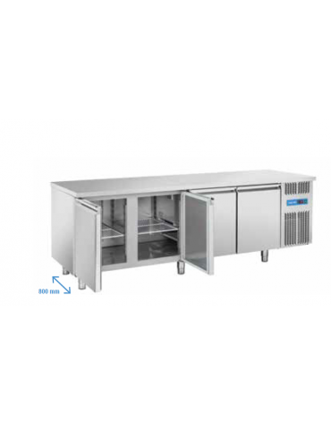 Tavolo refrigerato 4 porte per pasticceria, in acciaio inox AISi 304, refrigerazione ventilata - 248x80x85h