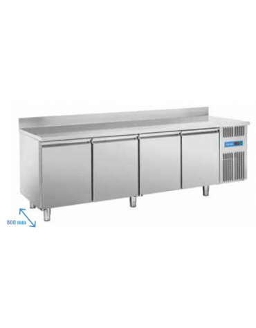 Tavolo refrigerato 4 porte per pasticceria con alzatina, in acciaio inox AISi 304, refrigerazione ventilata - 248x80x95h