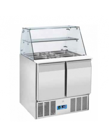 Saladette refrigerata GN1/1 inox 2 sportelli, top aperto con protezione in vetro - refrigerazione statica - cm 90x70x129,5h