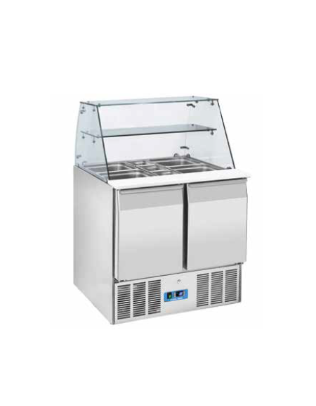 Saladette refrigerata GN1/1 inox 2 sportelli, top aperto con protezione in vetro - refrigerazione statica - cm 90x70x129,5h