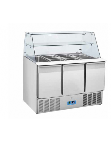 Saladette refrigerata GN1/1 inox 3 sportelli, top aperto con protezione in vetro - refrigerazione statica - cm 136,5x70x129,5h