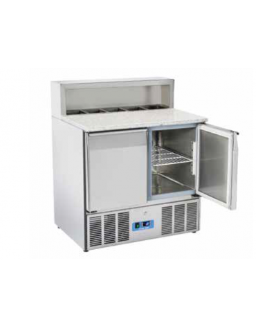 Mini banco pizza refrigerato inox, 2 sportelli GN, piano di lavoro in granito - refrigerazione statica +0°/+8°C - cm 90x70x109h